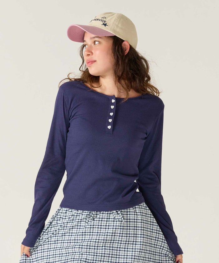 ハートボタン/ヘンリーネック/ロンT/ピンク/ホワイト/ネイビー