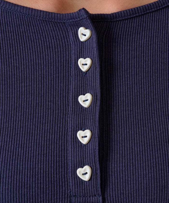 ハートボタン/ヘンリーネック/ロンT/ピンク/ホワイト/ネイビー