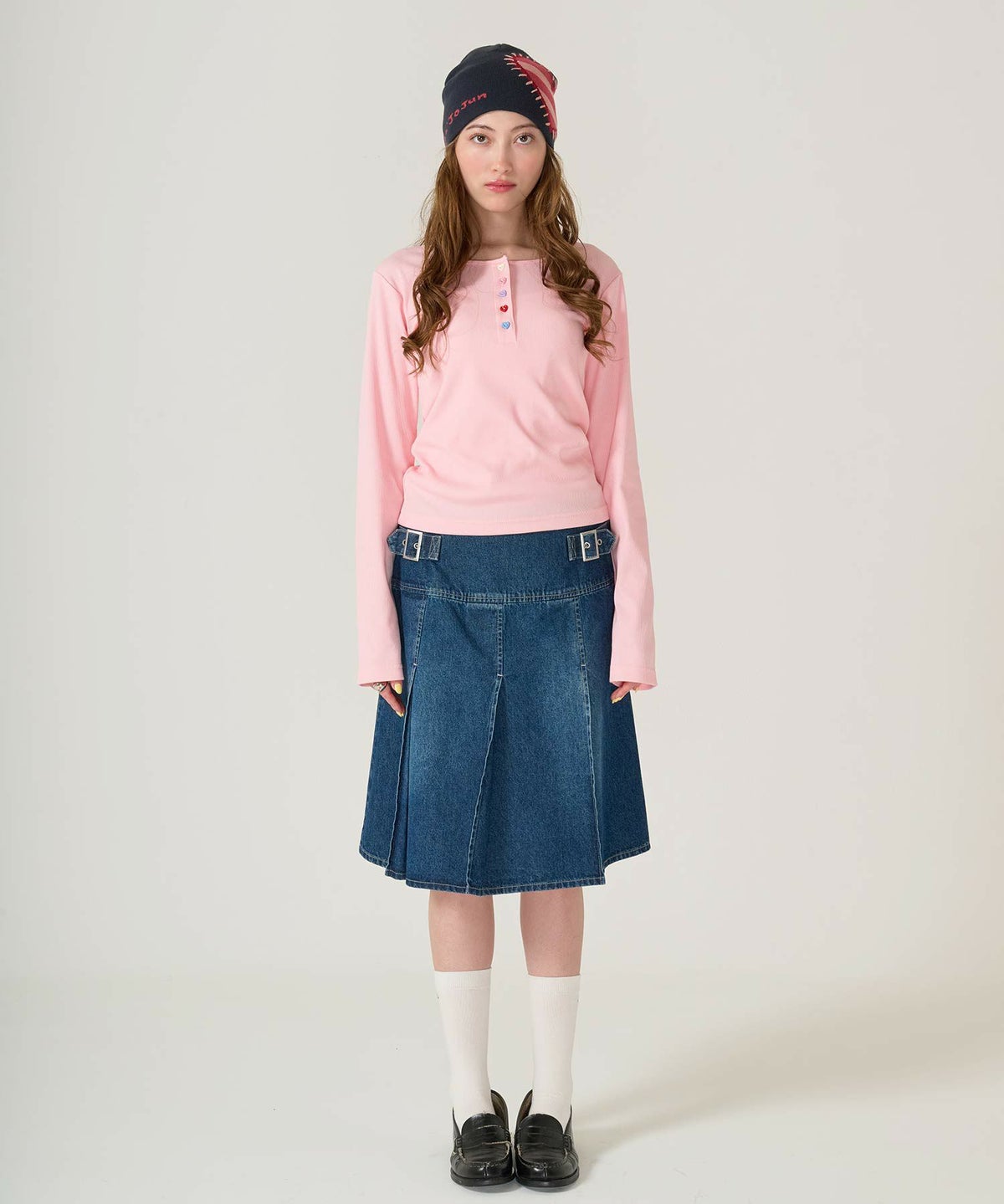 ハートボタン/ヘンリーネック/ロンT/ピンク/ホワイト/ネイビー