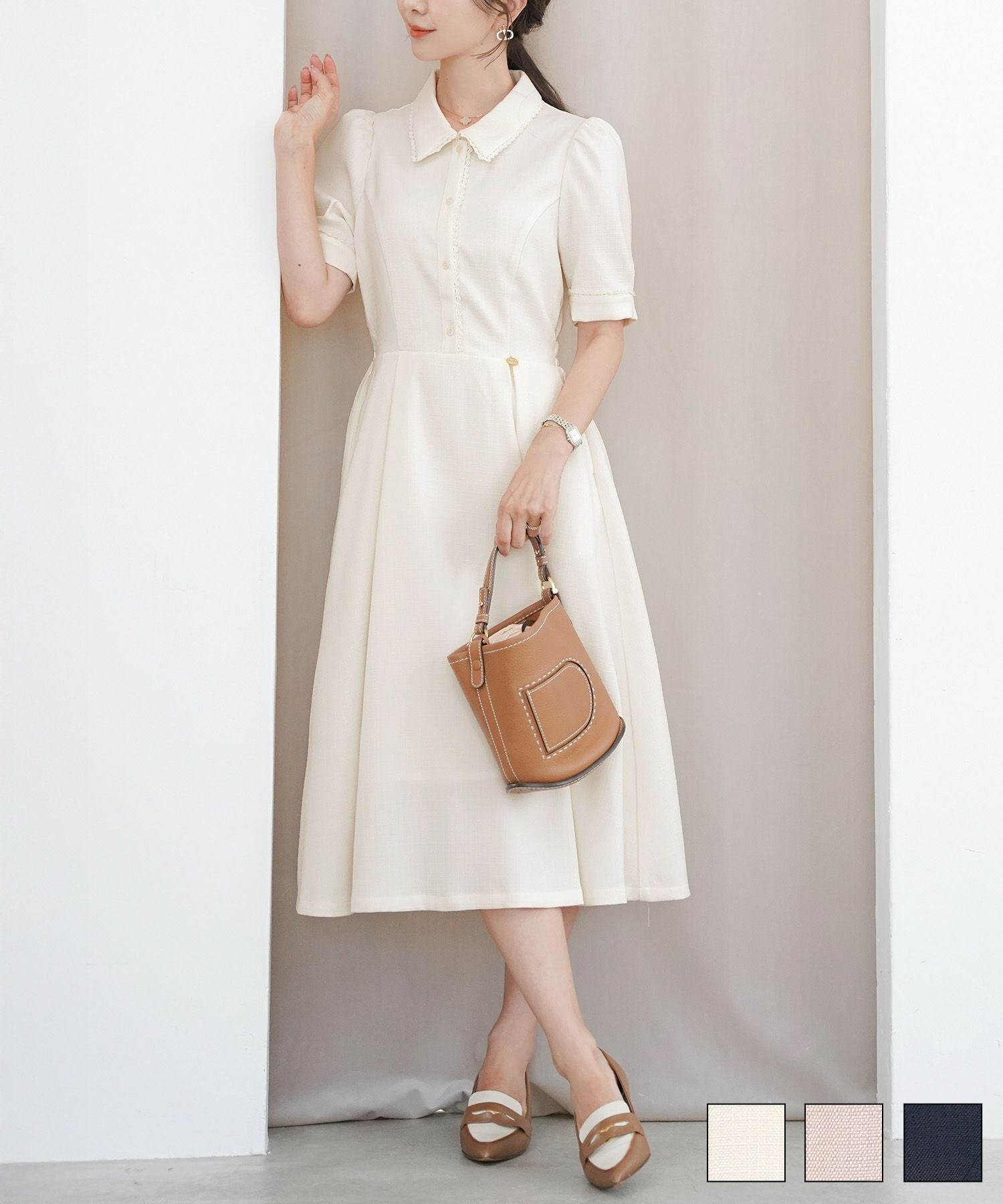 フィット&フレア レース付き シャツ襟 ワンピース le reve vaniller 全