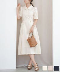 ワンピース 襟付き レース ピコレース フレアワンピース パネルライン 半袖 パフスリーブ 袖口カフス タック 上品 大人フェミニン きれいめ オリジナルチャーム付き アイボリー ピンク ネイビー フィット&フレア レース付き シャツ襟 ワンピース le reve vaniller