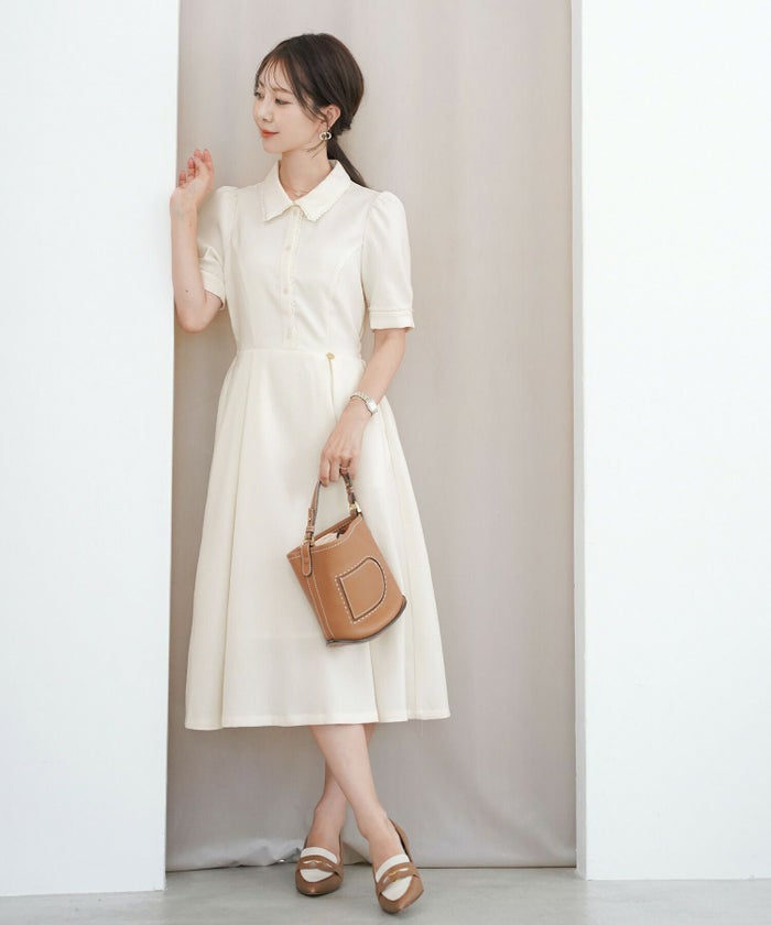 ワンピース襟付きレースピコレースフレアワンピースパネルライン半袖パフスリーブ袖口カフスタック上品大人フェミニンきれいめオリジナルチャーム付きアイボリーピンクネイビー