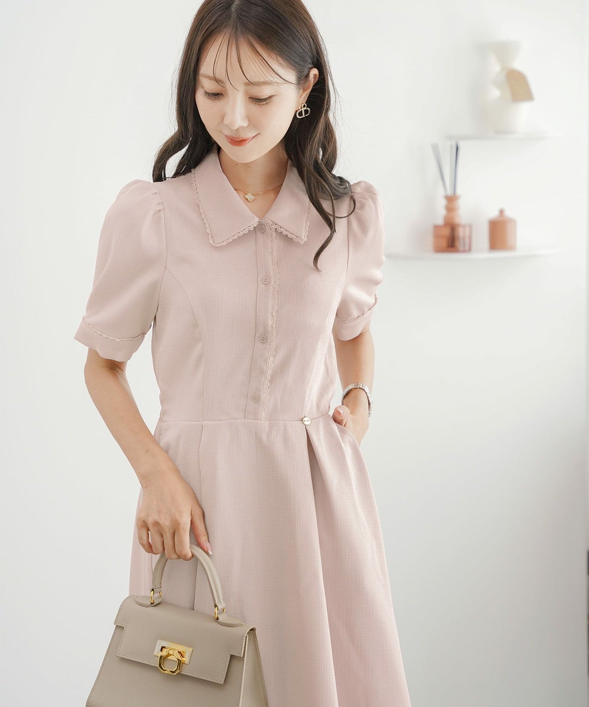 ワンピース襟付きレースピコレースフレアワンピースパネルライン半袖パフスリーブ袖口カフスタック上品大人フェミニンきれいめオリジナルチャーム付きアイボリーピンクネイビー