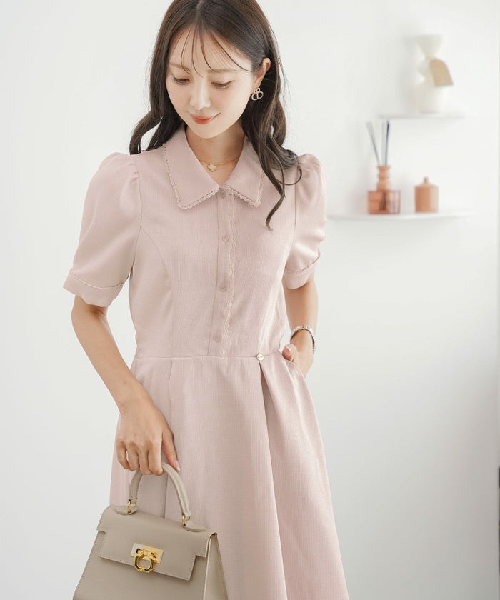 ワンピース襟付きレースピコレースフレアワンピースパネルライン半袖パフスリーブ袖口カフスタック上品大人フェミニンきれいめオリジナルチャーム付きアイボリーピンクネイビー