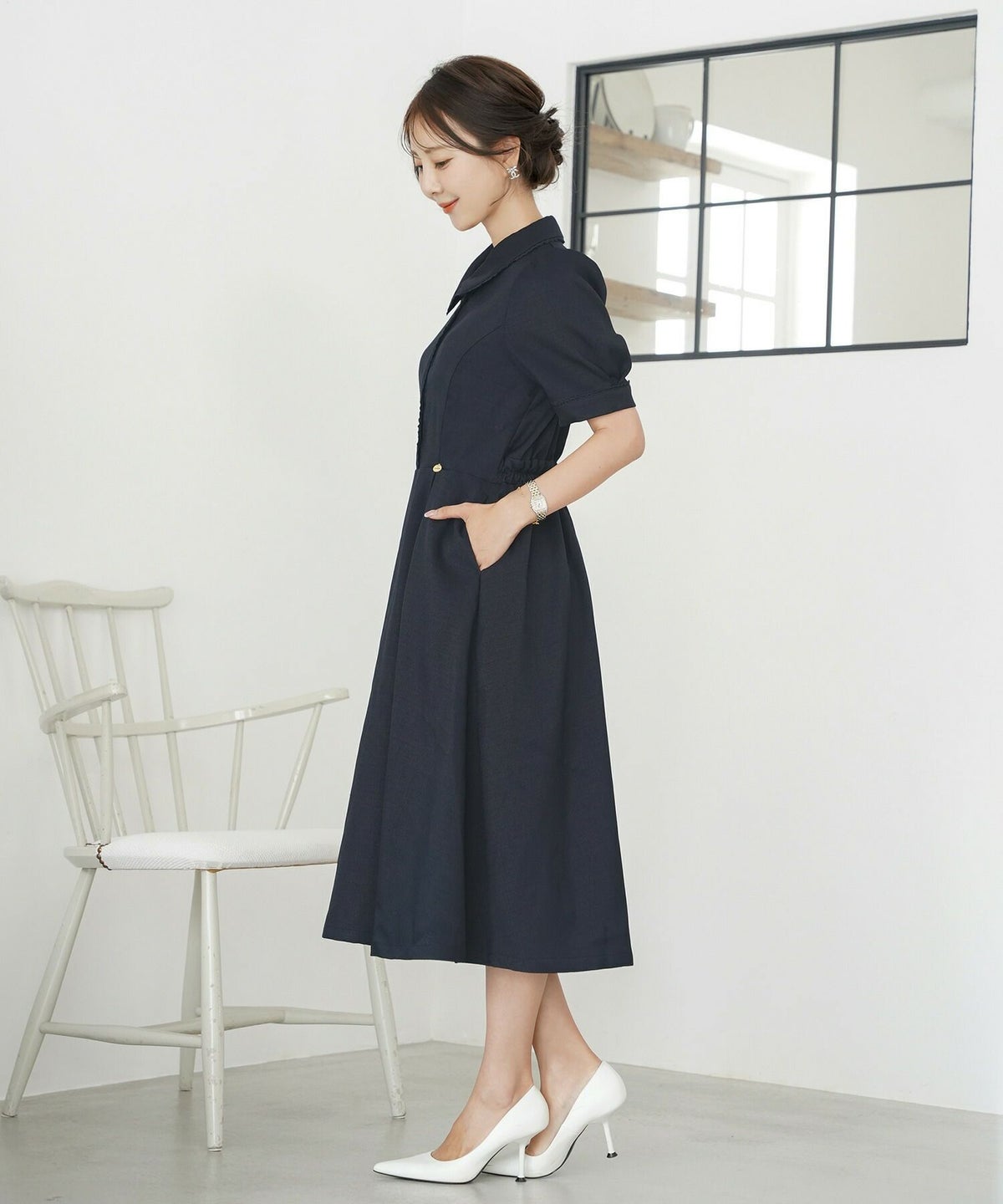 ワンピース襟付きレースピコレースフレアワンピースパネルライン半袖パフスリーブ袖口カフスタック上品大人フェミニンきれいめオリジナルチャーム付きアイボリーピンクネイビー