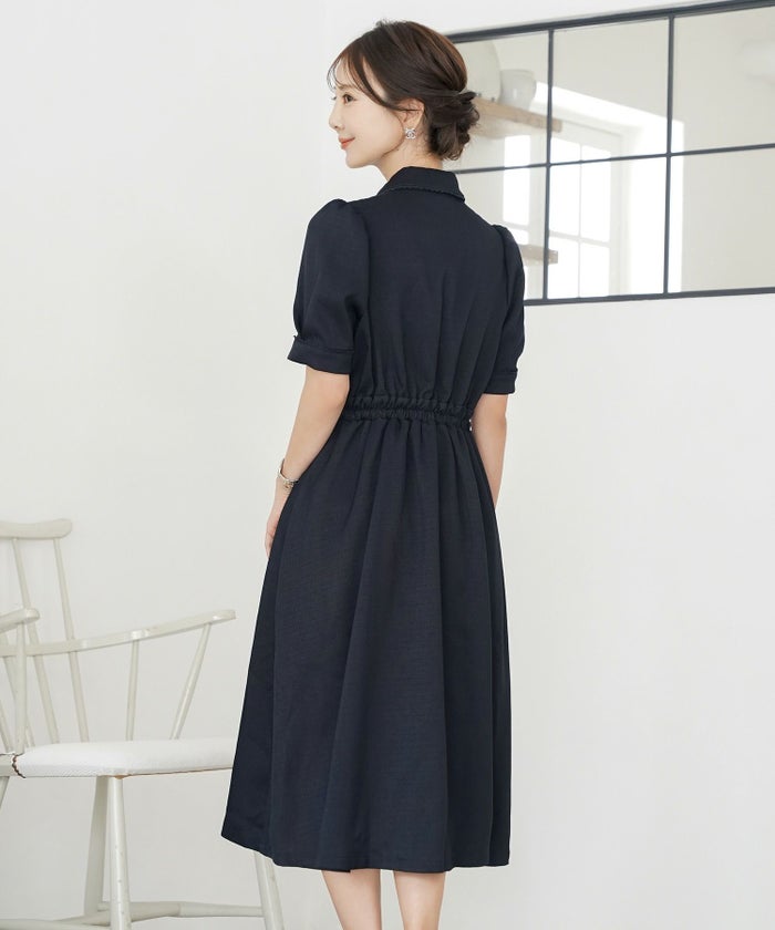 ワンピース襟付きレースピコレースフレアワンピースパネルライン半袖パフスリーブ袖口カフスタック上品大人フェミニンきれいめオリジナルチャーム付きアイボリーピンクネイビー