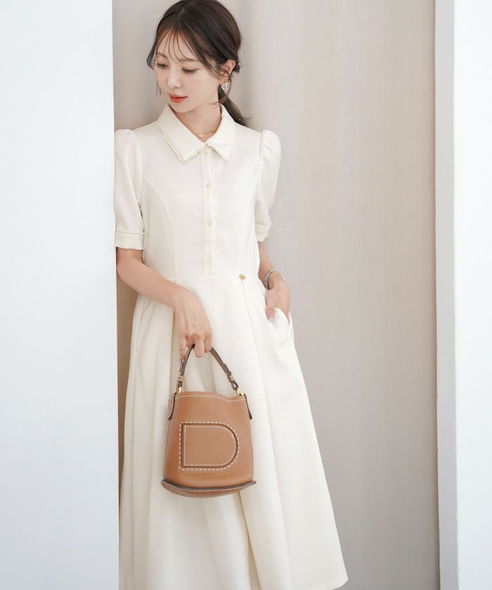 ワンピース襟付きレースピコレースフレアワンピースパネルライン半袖パフスリーブ袖口カフスタック上品大人フェミニンきれいめオリジナルチャーム付きアイボリーピンクネイビー