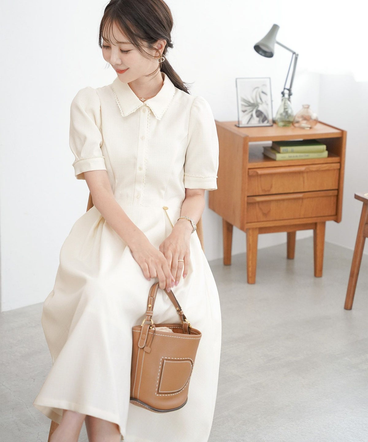 ワンピース襟付きレースピコレースフレアワンピースパネルライン半袖パフスリーブ袖口カフスタック上品大人フェミニンきれいめオリジナルチャーム付きアイボリーピンクネイビー