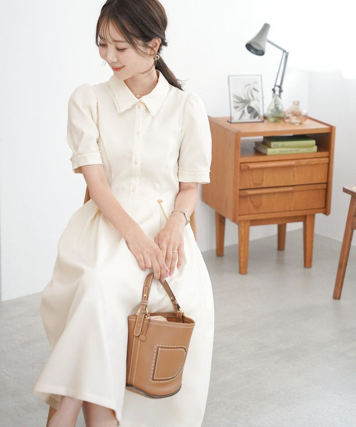 ワンピース襟付きレースピコレースフレアワンピースパネルライン半袖パフスリーブ袖口カフスタック上品大人フェミニンきれいめオリジナルチャーム付きアイボリーピンクネイビー