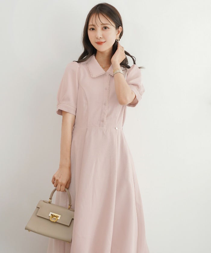 ワンピース襟付きレースピコレースフレアワンピースパネルライン半袖パフスリーブ袖口カフスタック上品大人フェミニンきれいめオリジナルチャーム付きアイボリーピンクネイビー