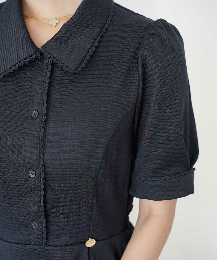 ワンピース襟付きレースピコレースフレアワンピースパネルライン半袖パフスリーブ袖口カフスタック上品大人フェミニンきれいめオリジナルチャーム付きアイボリーピンクネイビー