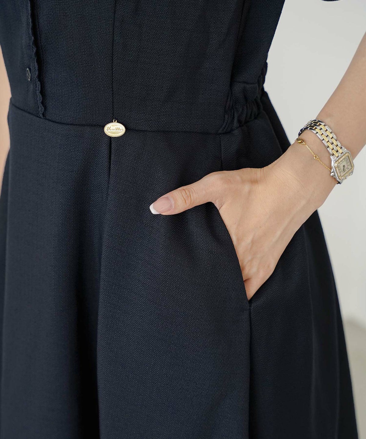 ワンピース襟付きレースピコレースフレアワンピースパネルライン半袖パフスリーブ袖口カフスタック上品大人フェミニンきれいめオリジナルチャーム付きアイボリーピンクネイビー