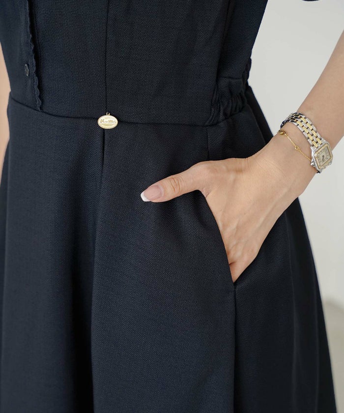 ワンピース襟付きレースピコレースフレアワンピースパネルライン半袖パフスリーブ袖口カフスタック上品大人フェミニンきれいめオリジナルチャーム付きアイボリーピンクネイビー