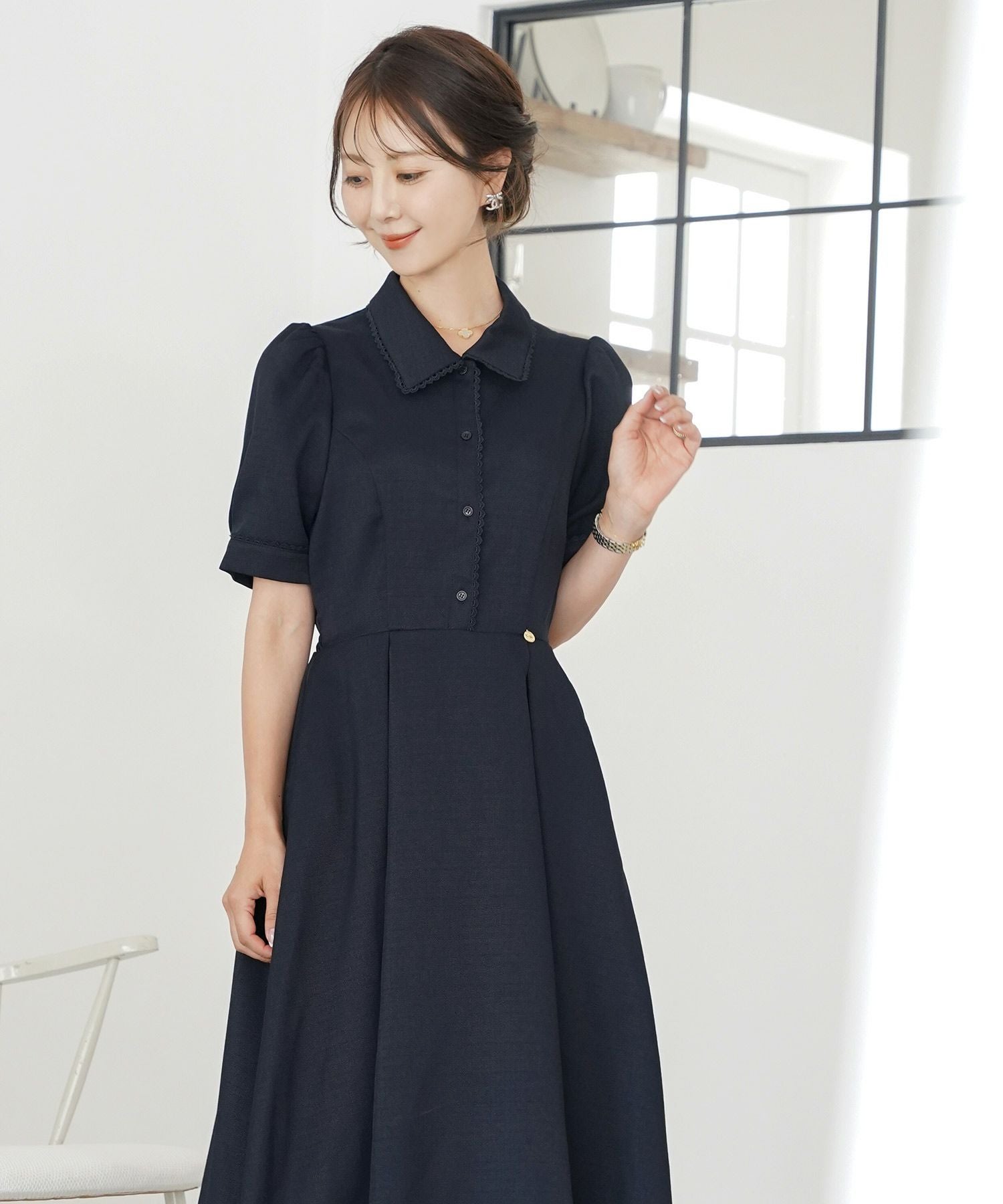 フィット&フレア レース付き シャツ襟 ワンピース le reve vaniller 全