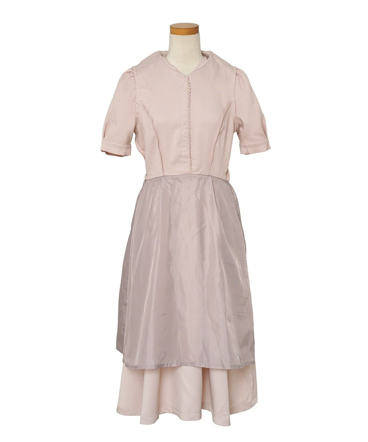 ワンピース襟付きレースピコレースフレアワンピースパネルライン半袖パフスリーブ袖口カフスタック上品大人フェミニンきれいめオリジナルチャーム付きアイボリーピンクネイビー