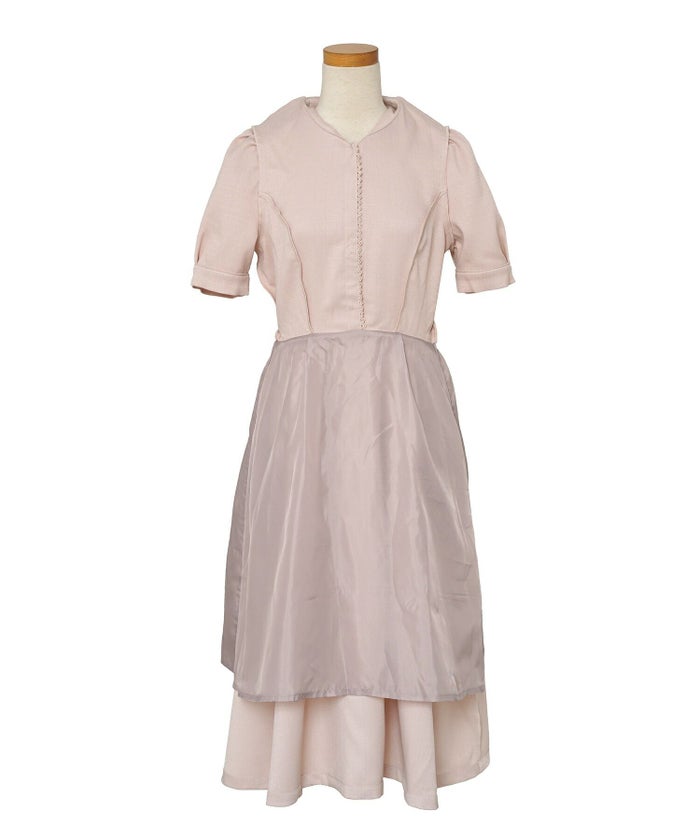 ワンピース襟付きレースピコレースフレアワンピースパネルライン半袖パフスリーブ袖口カフスタック上品大人フェミニンきれいめオリジナルチャーム付きアイボリーピンクネイビー