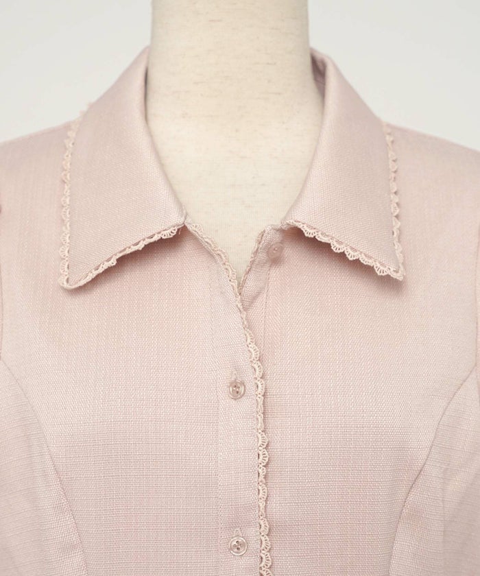 ワンピース襟付きレースピコレースフレアワンピースパネルライン半袖パフスリーブ袖口カフスタック上品大人フェミニンきれいめオリジナルチャーム付きアイボリーピンクネイビー