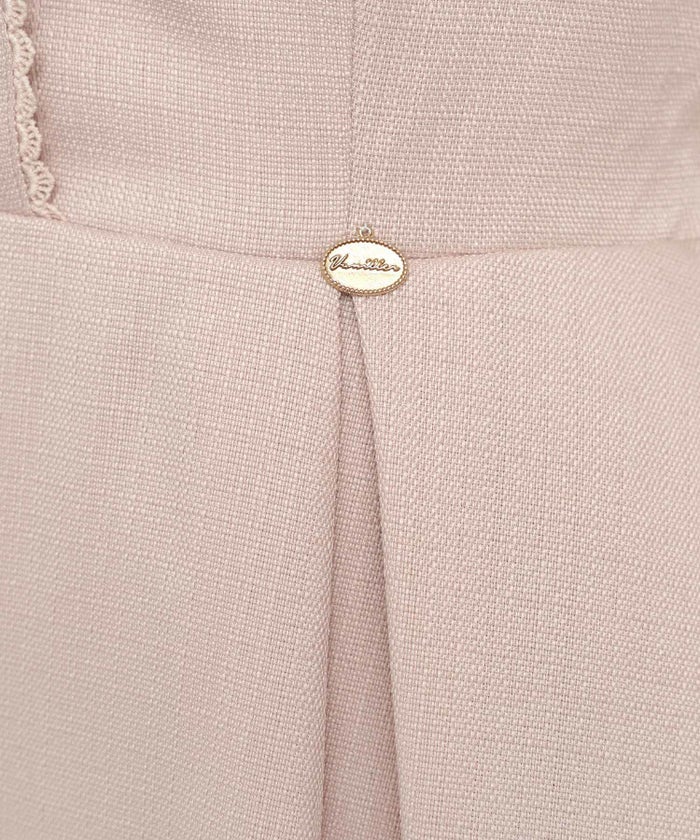 ワンピース襟付きレースピコレースフレアワンピースパネルライン半袖パフスリーブ袖口カフスタック上品大人フェミニンきれいめオリジナルチャーム付きアイボリーピンクネイビー