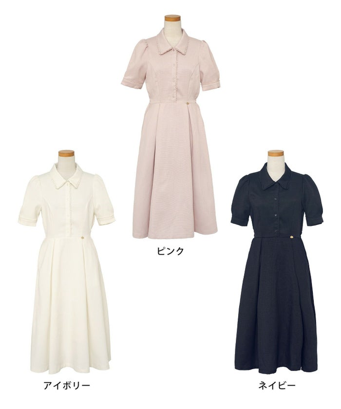 ワンピース襟付きレースピコレースフレアワンピースパネルライン半袖パフスリーブ袖口カフスタック上品大人フェミニンきれいめオリジナルチャーム付きアイボリーピンクネイビー