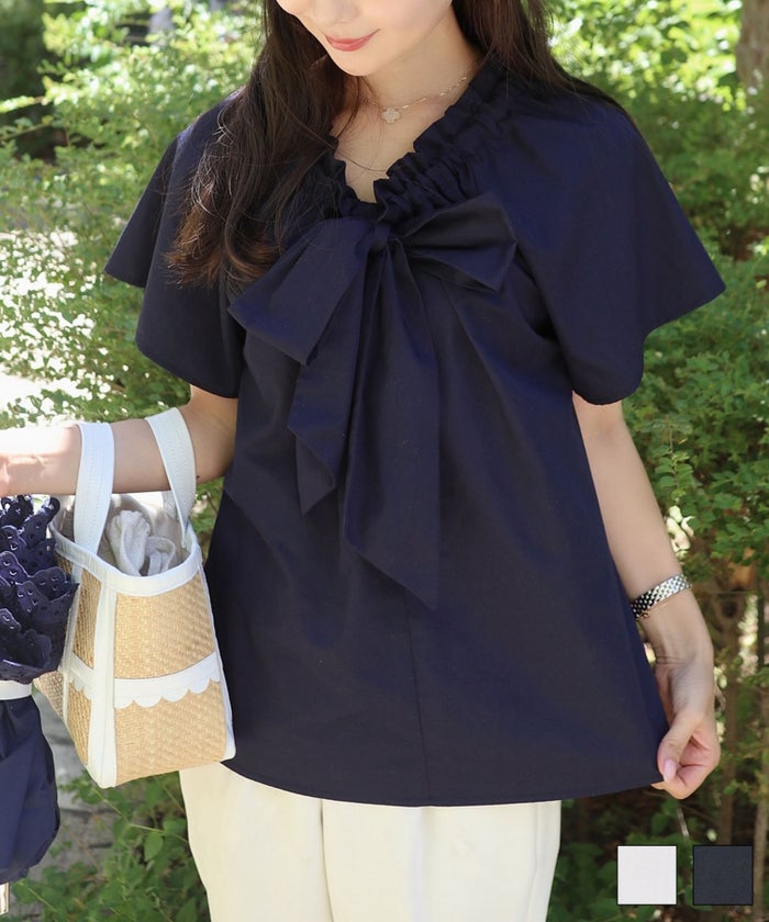レデイース ブラウス トップス ボウタイ リボン ドロスト 半袖 フレアスリーブ バタフライスリーブ 春 夏 フレア Aライン ホワイト ネイビー 上品 綺麗め カジュアル フェミニン フリル ネック ボウタイ ブラウス le reve vaniller