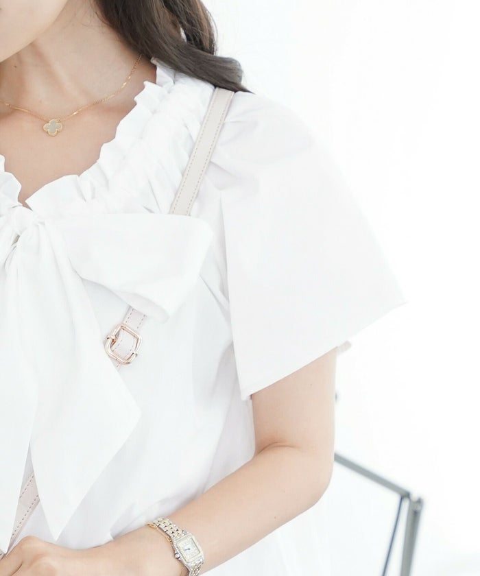 レデイースブラウストップスボウタイリボンドロスト半袖フレアスリーブバタフライスリーブ春夏フレアAラインホワイトネイビー上品綺麗めカジュアルフェミニン