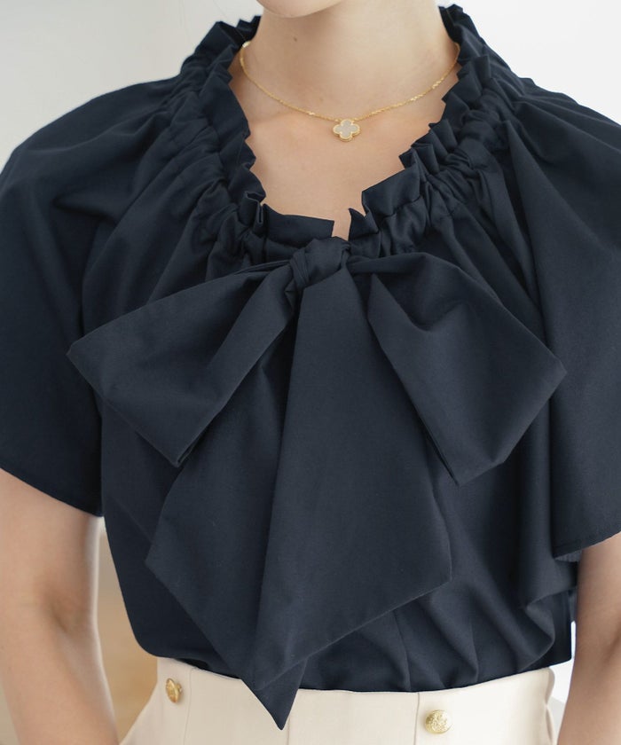 レデイースブラウストップスボウタイリボンドロスト半袖フレアスリーブバタフライスリーブ春夏フレアAラインホワイトネイビー上品綺麗めカジュアルフェミニン