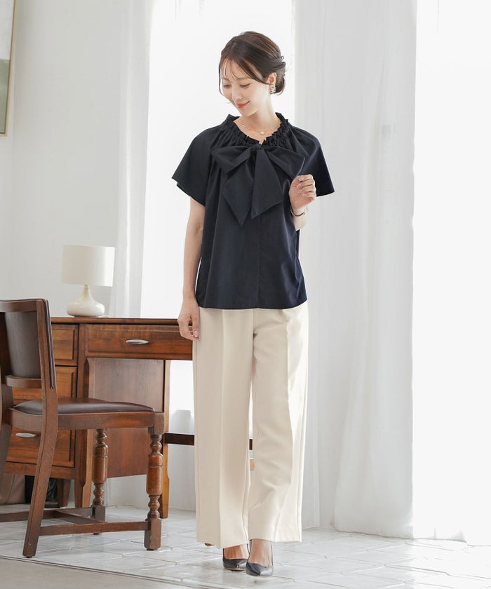 レデイースブラウストップスボウタイリボンドロスト半袖フレアスリーブバタフライスリーブ春夏フレアAラインホワイトネイビー上品綺麗めカジュアルフェミニン