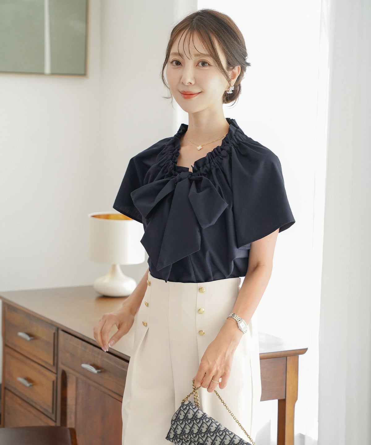 レデイースブラウストップスボウタイリボンドロスト半袖フレアスリーブバタフライスリーブ春夏フレアAラインホワイトネイビー上品綺麗めカジュアルフェミニン