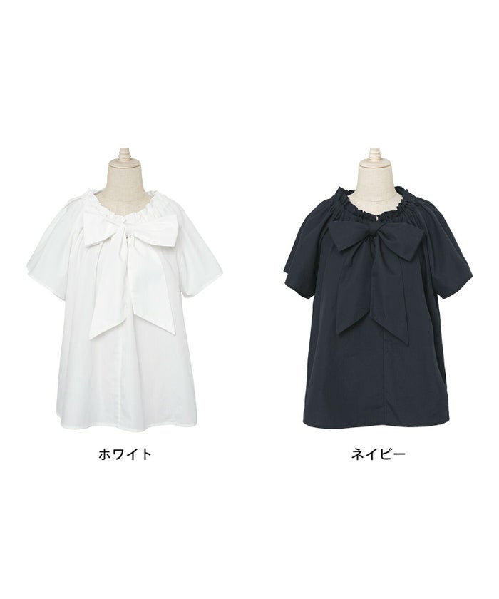 レデイースブラウストップスボウタイリボンドロスト半袖フレアスリーブバタフライスリーブ春夏フレアAラインホワイトネイビー上品綺麗めカジュアルフェミニン