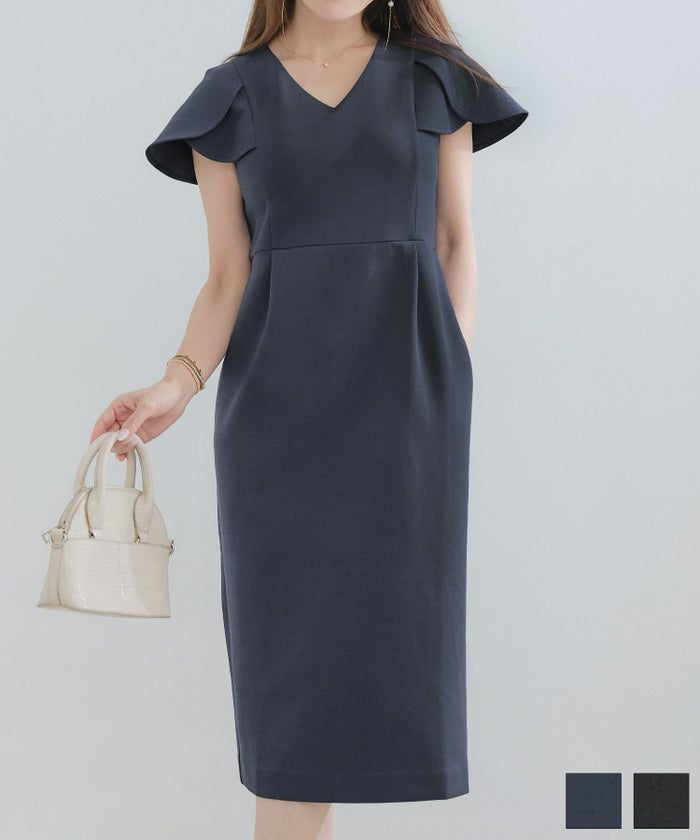 手洗い可 かわいい 上品 きれいめ 大人カジュアル シンプル 体型カバー リラックス Vネック ジョイントスペース チューリップスリーブ コクーン ワンピース Liala×PG