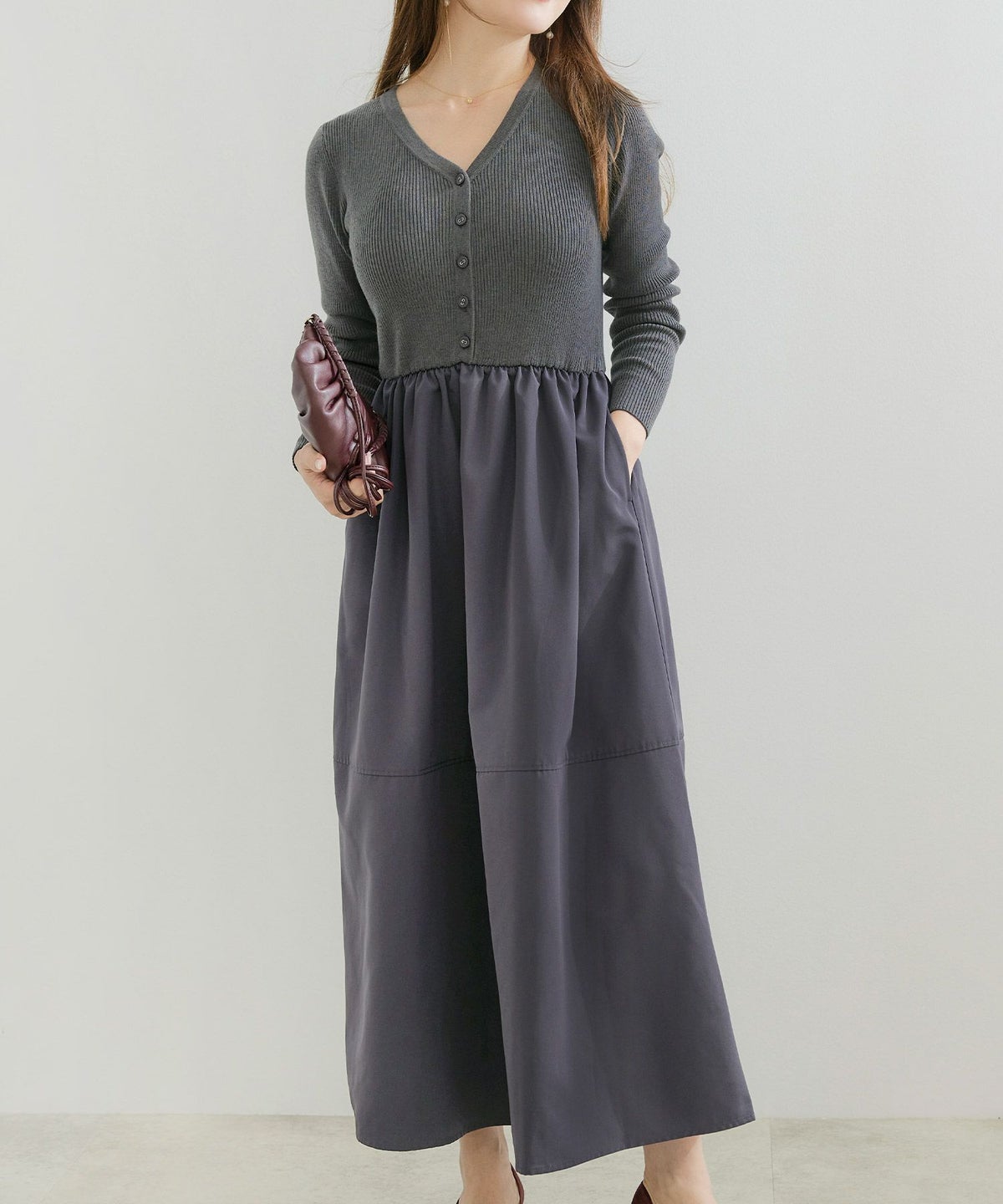 手洗い可 レディース ロング 大人 長袖 フレア 異素材切り替え きれいめ オフィス 秋冬 春 かわいい ジョイントスペース