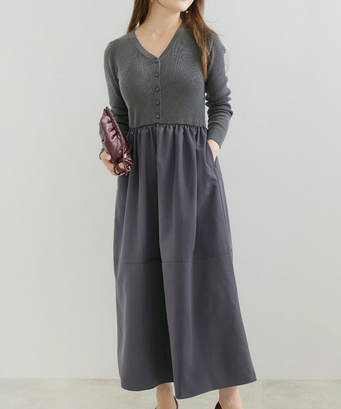 手洗い可 レディース ロング 大人 長袖 フレア 異素材切り替え きれいめ オフィス 秋冬 春 かわいい ジョイントスペース