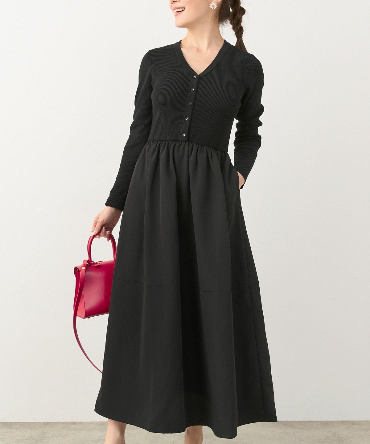 手洗い可 レディース ロング 大人 長袖 フレア 異素材切り替え きれいめ オフィス 秋冬 春 かわいい ジョイントスペース