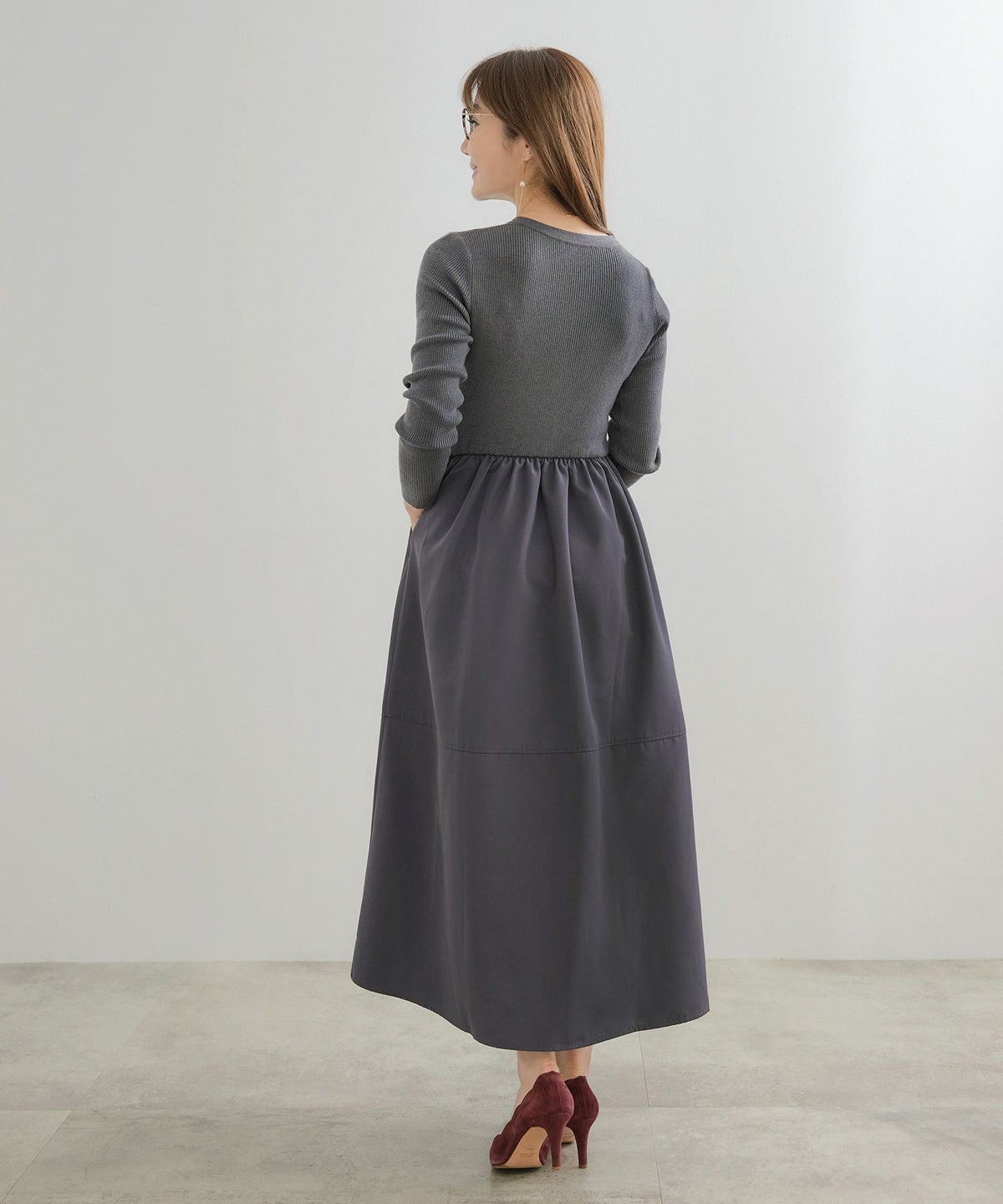 手洗い可 レディース ロング 大人 長袖 フレア 異素材切り替え きれいめ オフィス 秋冬 春 かわいい ジョイントスペース