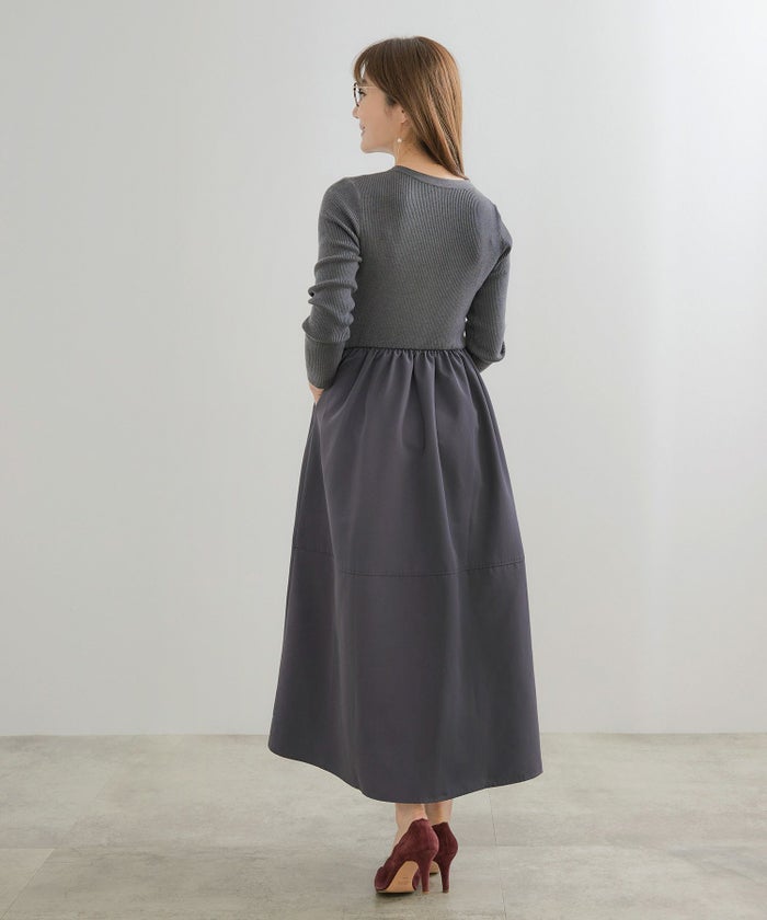 手洗い可 レディース ロング 大人 長袖 フレア 異素材切り替え きれいめ オフィス 秋冬 春 かわいい ジョイントスペース