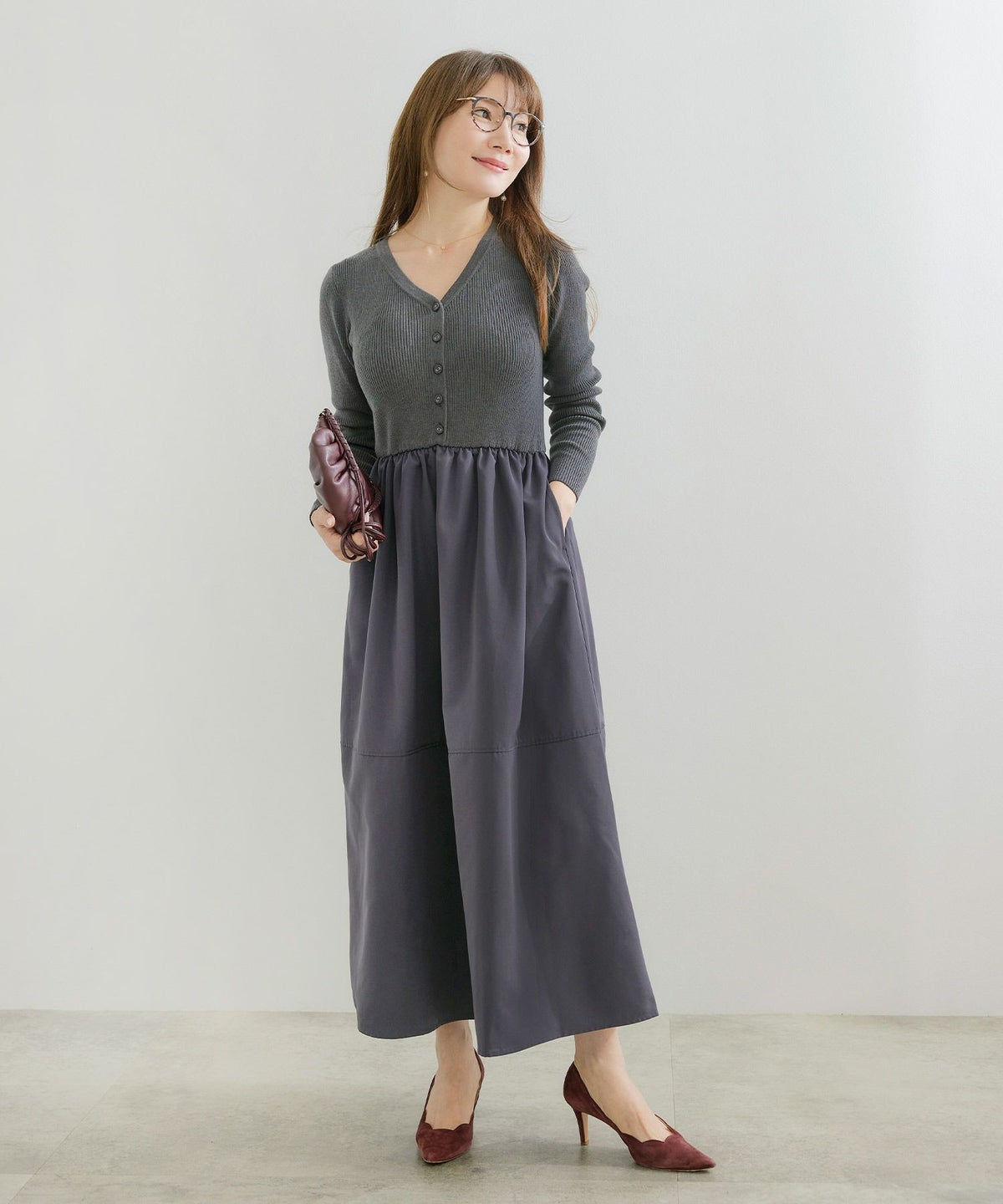 手洗い可 レディース ロング 大人 長袖 フレア 異素材切り替え きれいめ オフィス 秋冬 春 かわいい ジョイントスペース