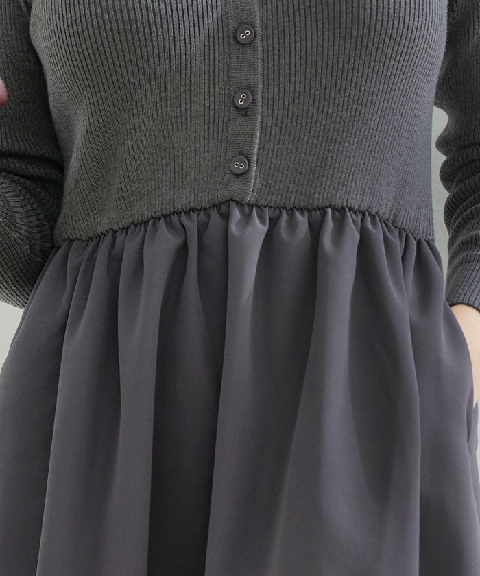 手洗い可 レディース ロング 大人 長袖 フレア 異素材切り替え きれいめ オフィス 秋冬 春 かわいい ジョイントスペース