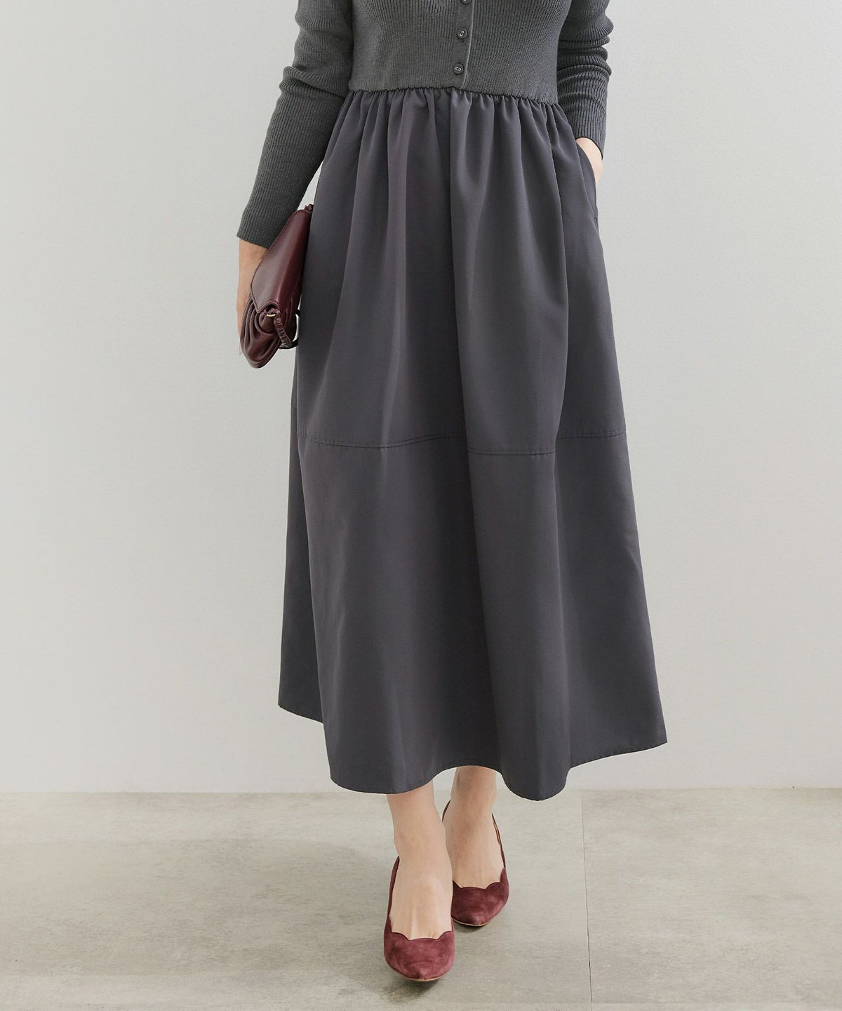 手洗い可 レディース ロング 大人 長袖 フレア 異素材切り替え きれいめ オフィス 秋冬 春 かわいい ジョイントスペース