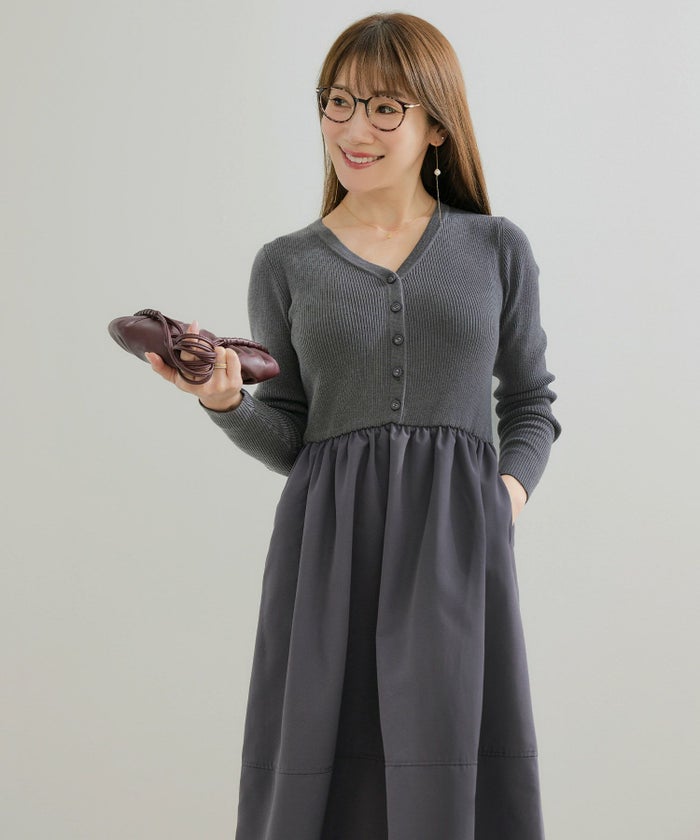 手洗い可 レディース ロング 大人 長袖 フレア 異素材切り替え きれいめ オフィス 秋冬 春 かわいい ジョイントスペース