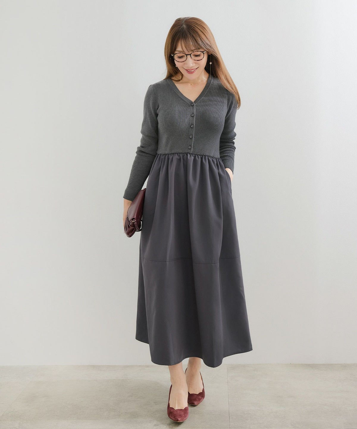 手洗い可 レディース ロング 大人 長袖 フレア 異素材切り替え きれいめ オフィス 秋冬 春 かわいい ジョイントスペース