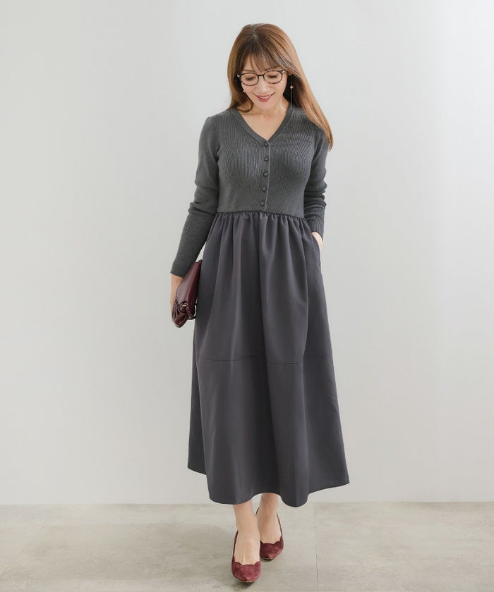 手洗い可 レディース ロング 大人 長袖 フレア 異素材切り替え きれいめ オフィス 秋冬 春 かわいい ジョイントスペース