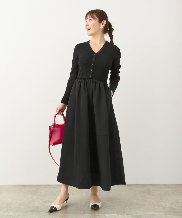 手洗い可 レディース ロング 大人 長袖 フレア 異素材切り替え きれいめ オフィス 秋冬 春 かわいい ジョイントスペース