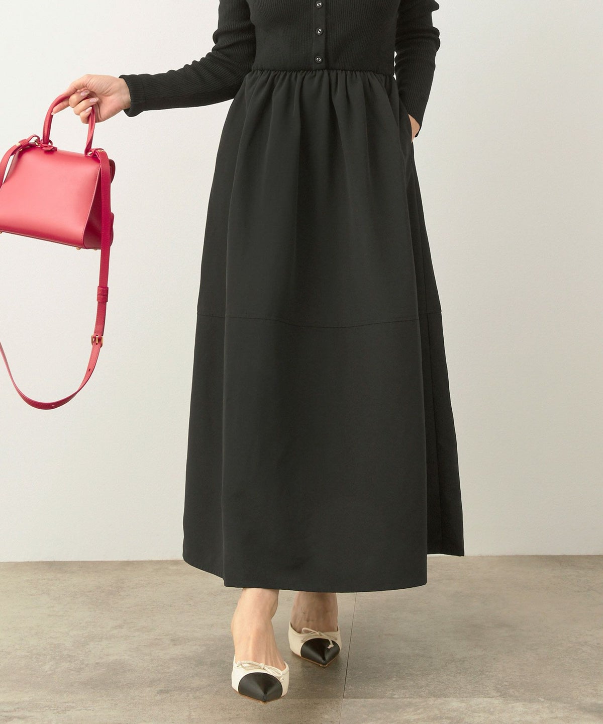 手洗い可 レディース ロング 大人 長袖 フレア 異素材切り替え きれいめ オフィス 秋冬 春 かわいい ジョイントスペース