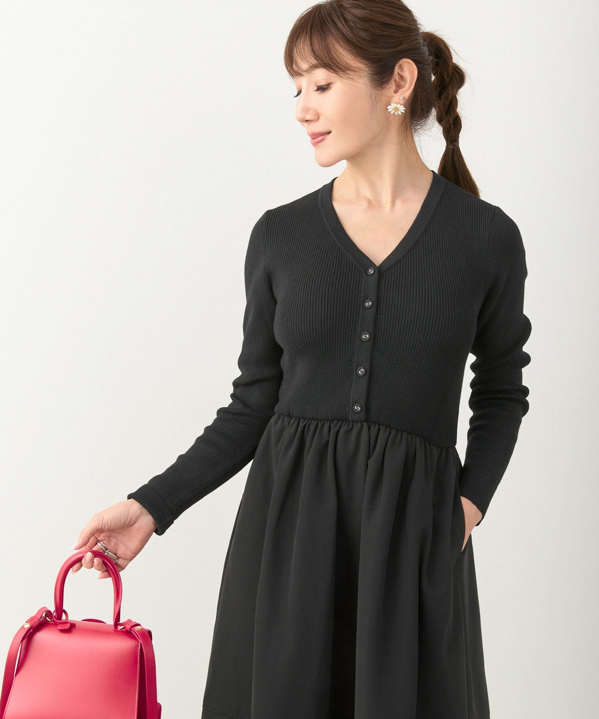 手洗い可 レディース ロング 大人 長袖 フレア 異素材切り替え きれいめ オフィス 秋冬 春 かわいい ジョイントスペース