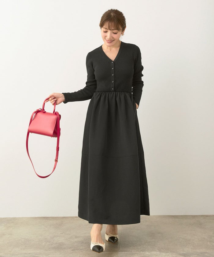 手洗い可 レディース ロング 大人 長袖 フレア 異素材切り替え きれいめ オフィス 秋冬 春 かわいい ジョイントスペース