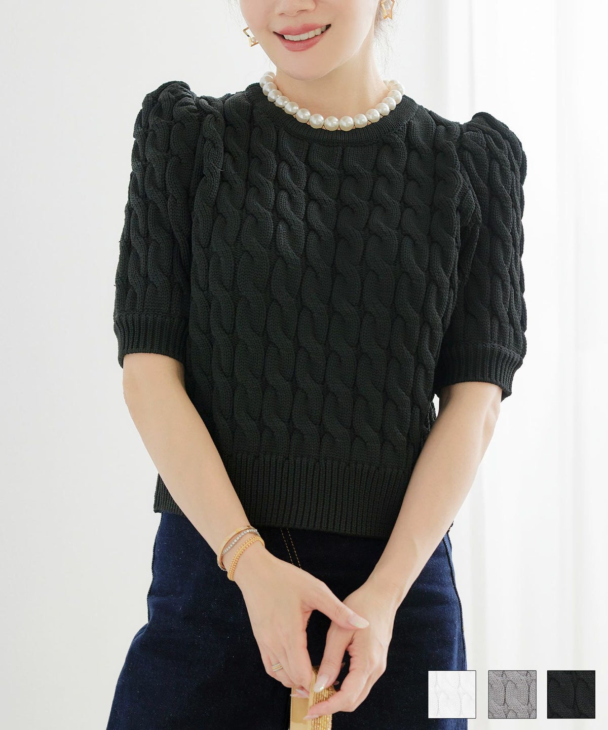 手洗い可 かわいい 上品 きれいめ 大人カジュアル シンプル パフスリーブ オフィス ジョイントスペース 襟パール付き ケーブル ニット Liala×PG