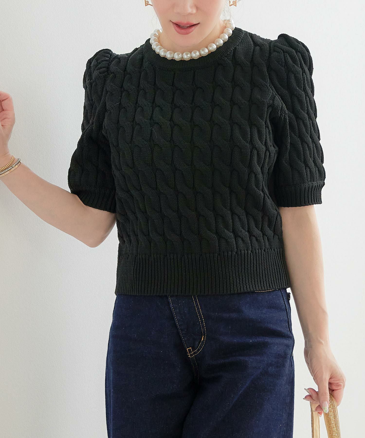 襟パール付き ケーブル ニット Liala×PG