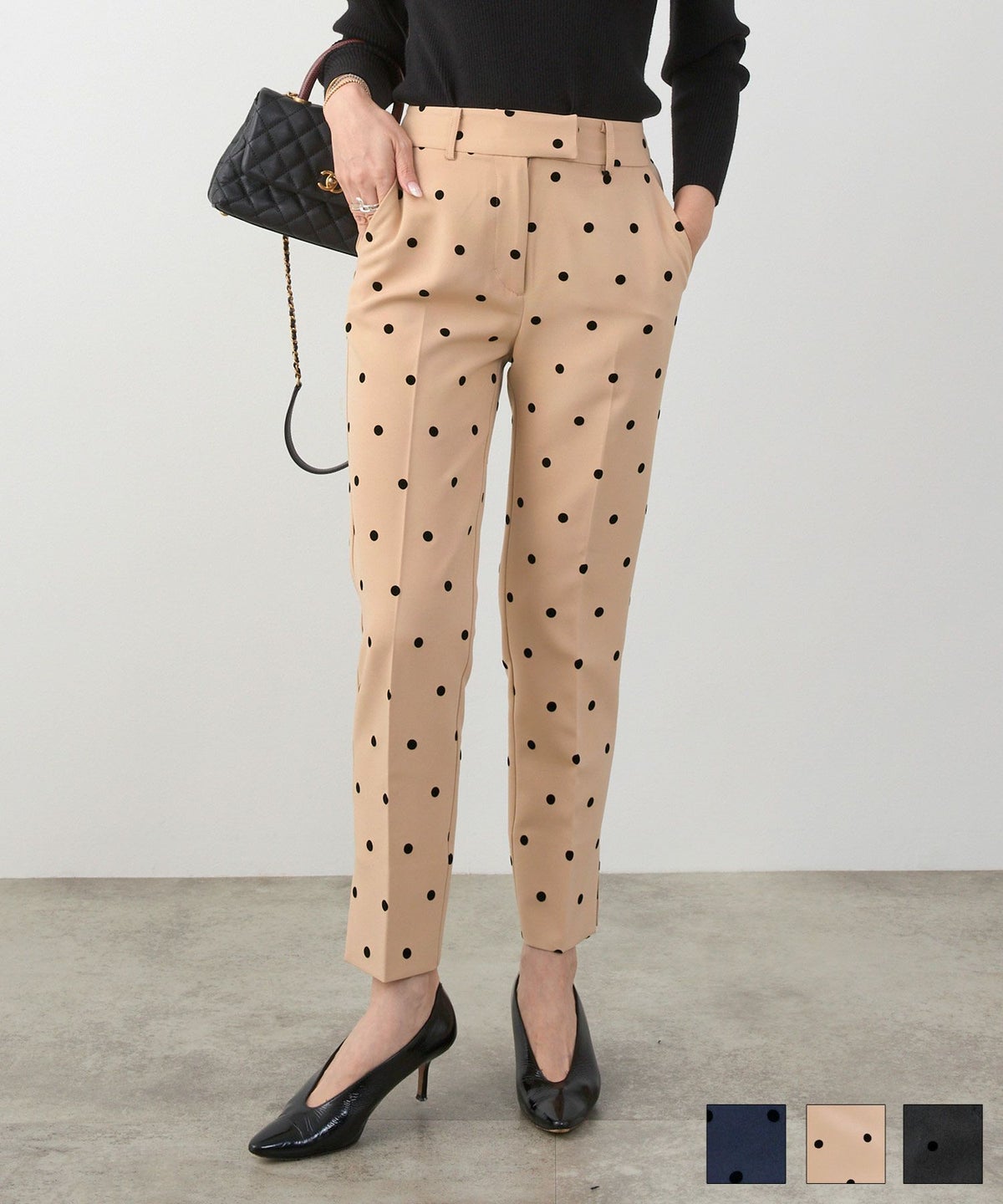 手洗い可 上品 きれいめ 大人カジュアル 柄 オフィス フォーマル オケージョン 美脚 ウエストゴム ジョイントスペース フロッキードット センタープレス パンツ Liala×PG