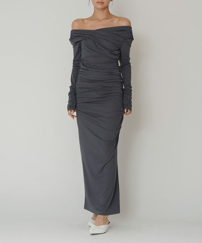 オフショル シャーリング ギャザー ワンピース KINO THE KEI 全4色｜ktk331-0100【1】