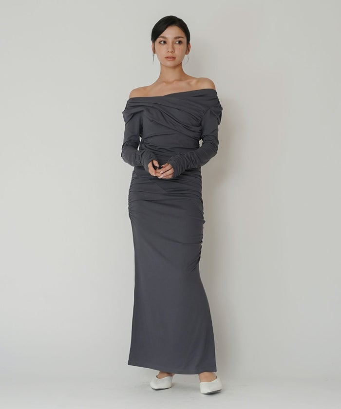 オフショル シャーリング ギャザー ワンピース KINO THE KEI 全4色｜ktk331-0100【1】